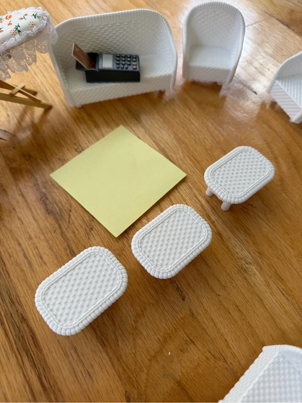 Miniature Dollhouse Ironing Board and Wicker Chairs Set & card machine